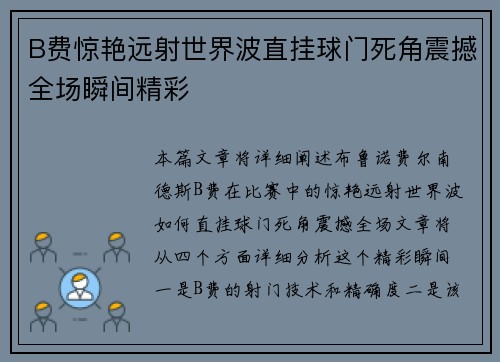 B费惊艳远射世界波直挂球门死角震撼全场瞬间精彩